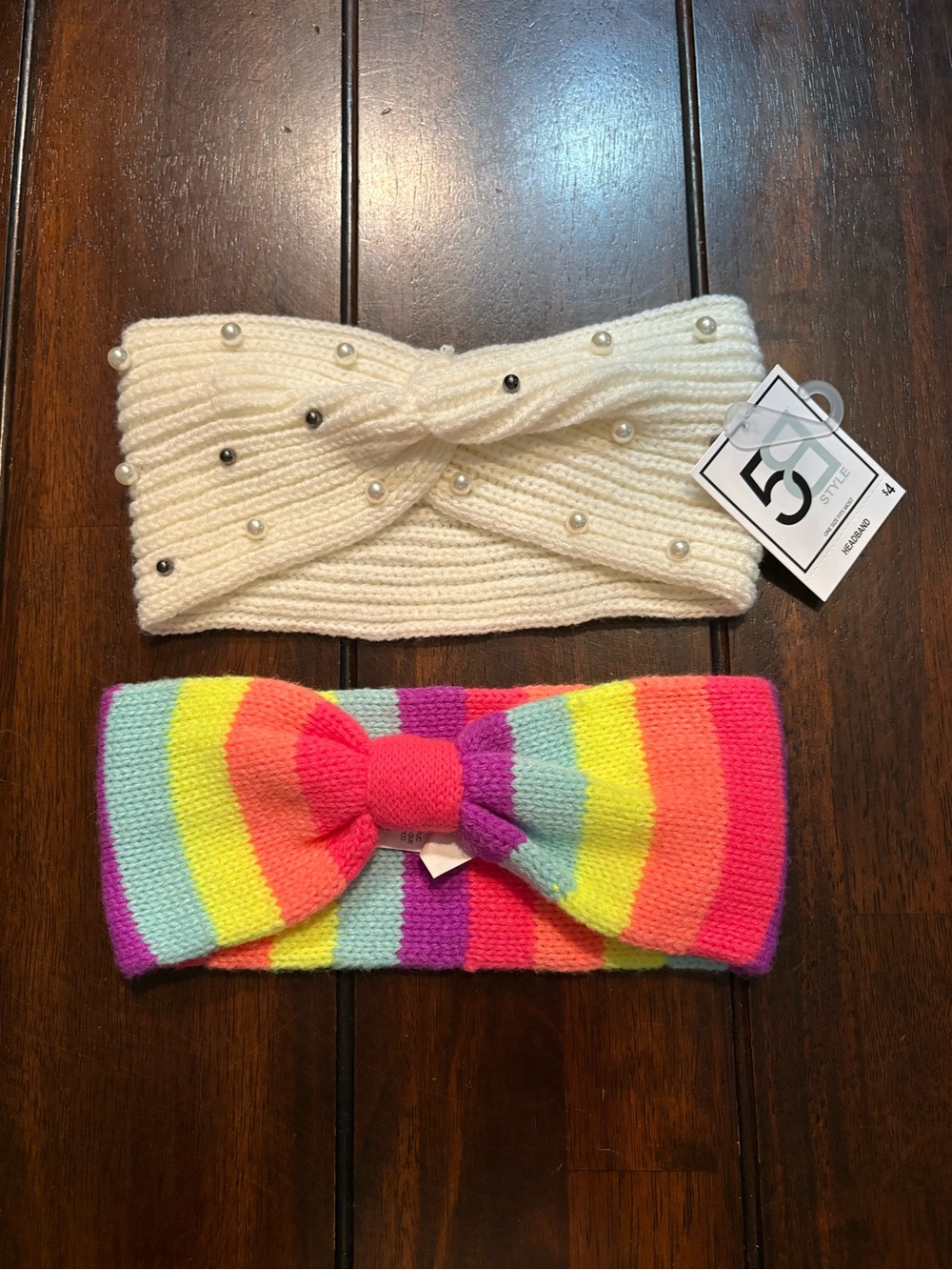 Kids Cream Pearl Knit Headband & Rainbow Stripe Bow Headband Set